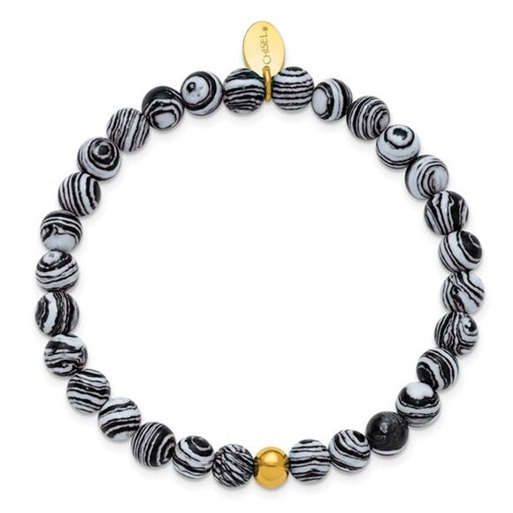 Chisel Stainless Steel Yellow IP-Plated Black Line Agate Beaded Stretch Bracelet - Picture 5 of 5